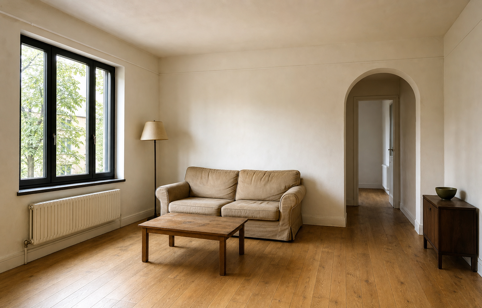 The original living room: bare plaster walls, a tall window, a beige sofa and a dark coffee table